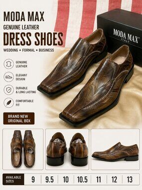 NWB Moda Max Men's Brown Genuine Leather Slip On Dress Shoes Square Toe